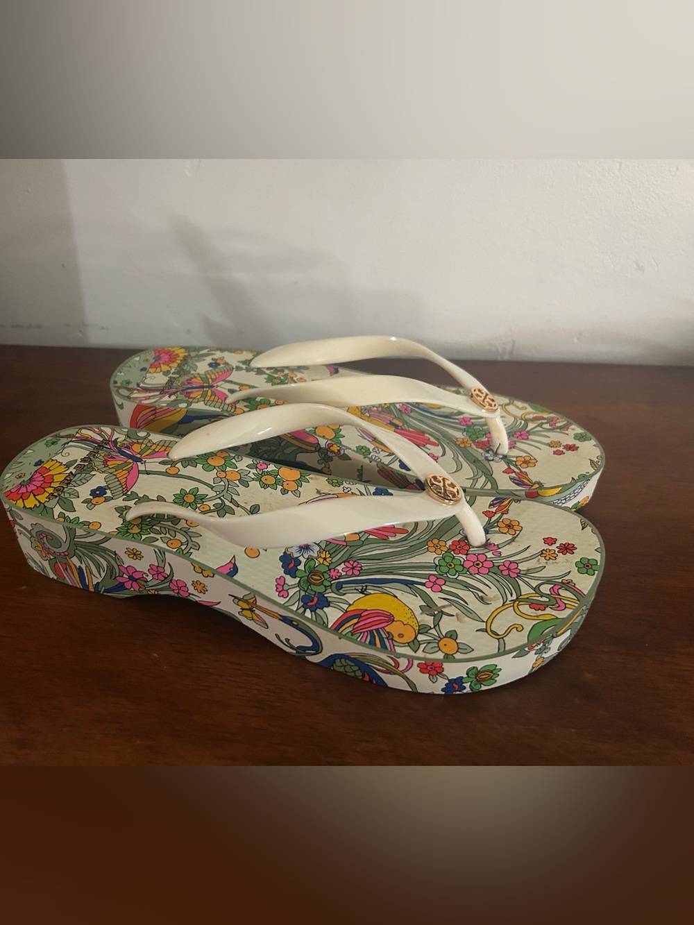 Tory Burch Botanical Print Wedge Flip Flops